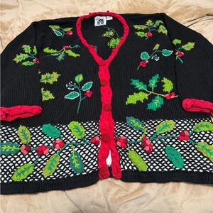 Vintage Storybook Knits Black Holiday Embroidered Cardigan Sweater 1X